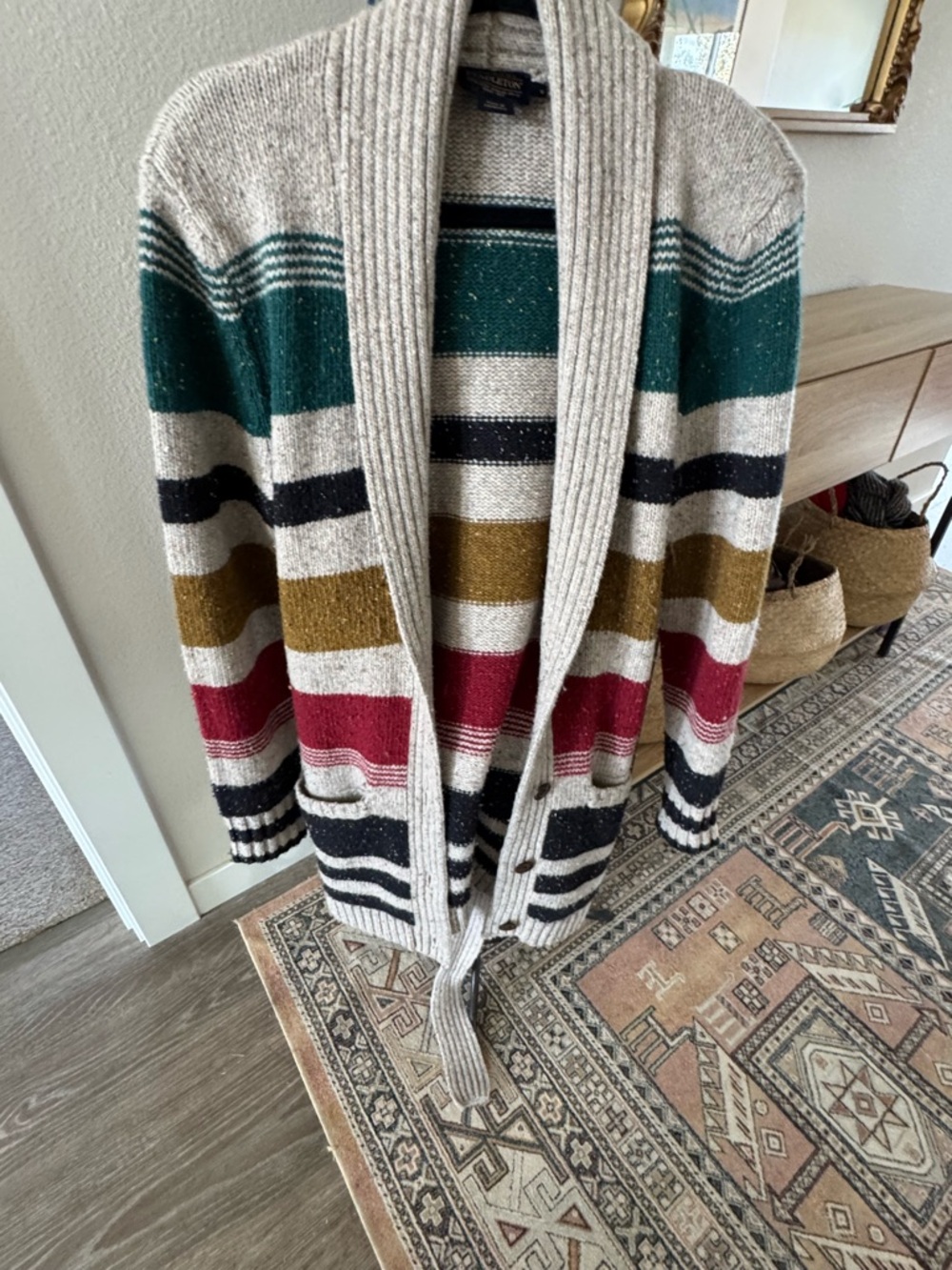 Pendleton Cream Cardigan with Green, Gold, Black & Red Stripes